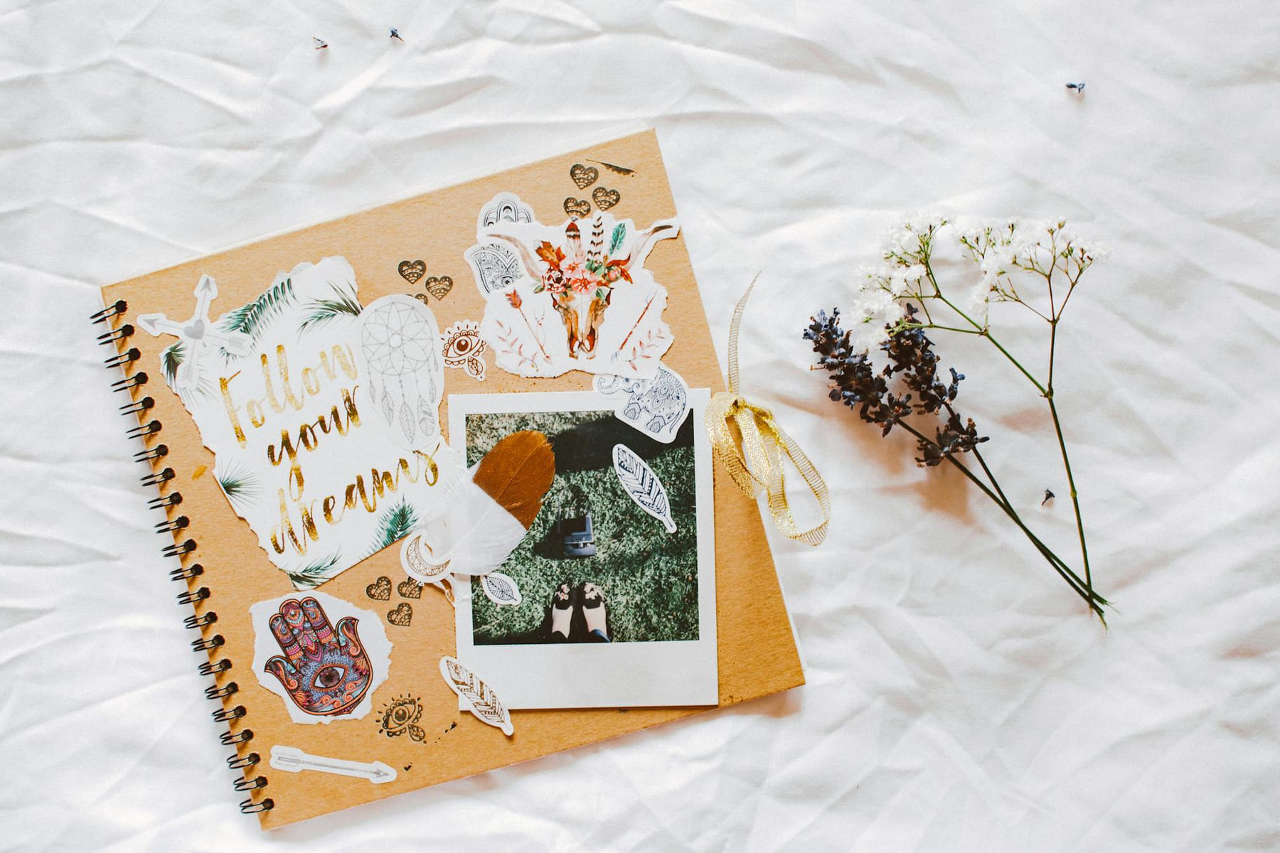 A dreamy scrapbook layout with floral decorations and motivational cutouts. on The Manifesting Light