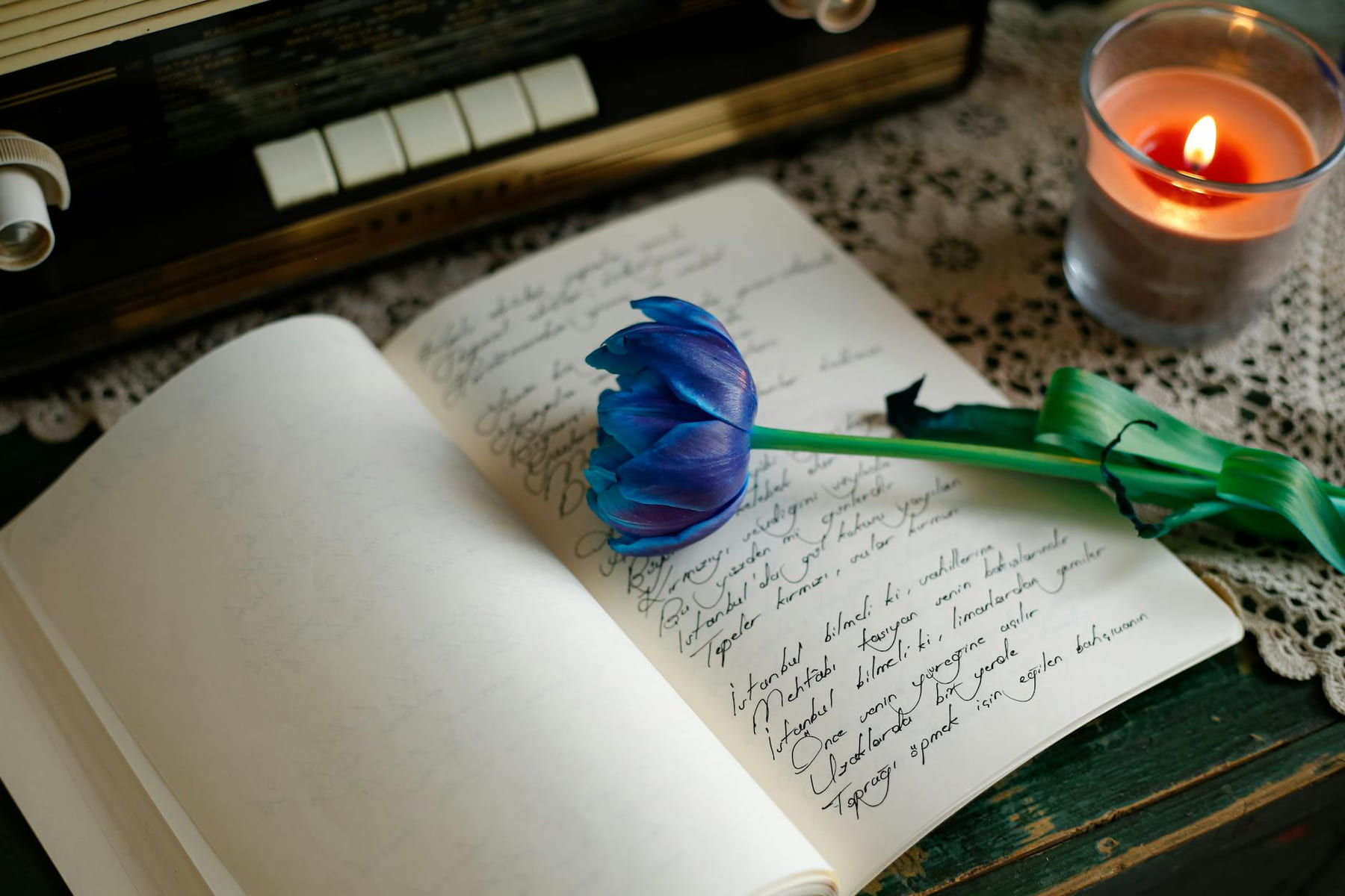 A calming scene with a blue tulip, handwritten journal, and candle flame on a lace-covered table. on The Manifesting Light